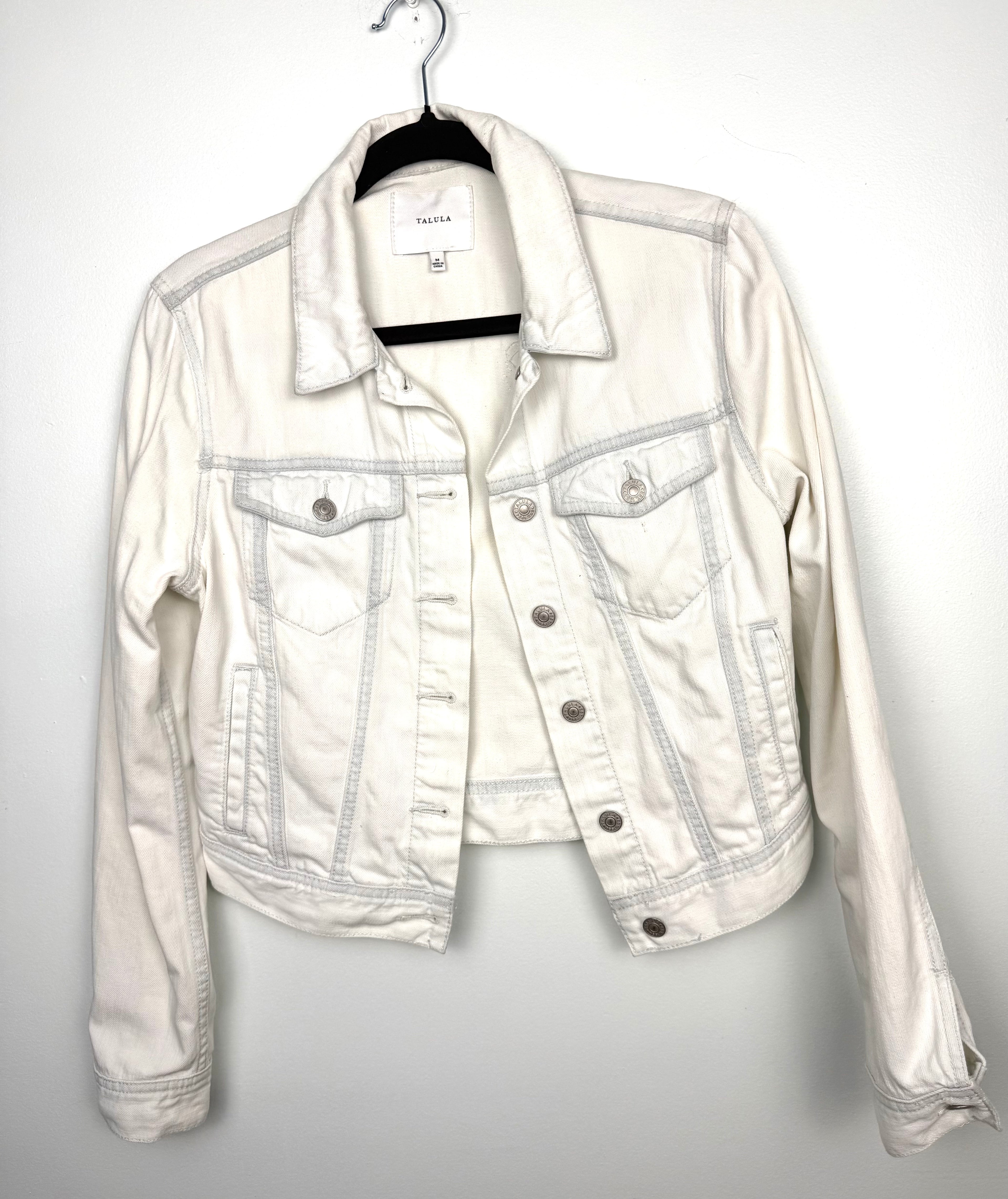 Aritzia Talula Distressed cropped denim jacket front view 