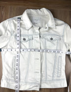 Aritzia Talula Distressed cropped denim jacket measuring 34" bust 19" shoulder to hem