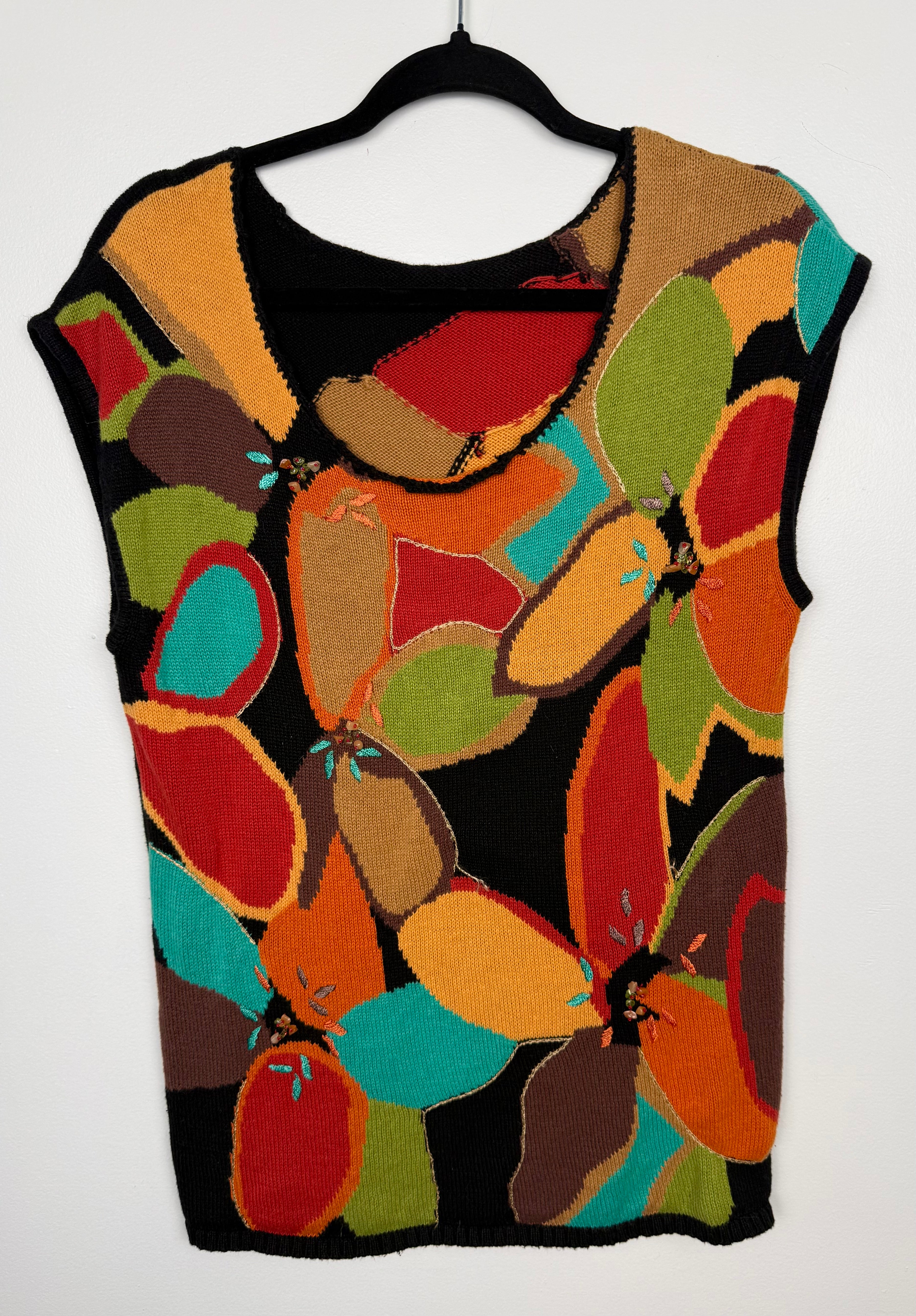 Artisan Abstract Floral Knit Top | Size M at Blue Sparrow Shop on hanger