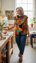 Artisan Abstract Floral Knit Top | Size M at Blue Sparrow Shop on woman at pottery studio