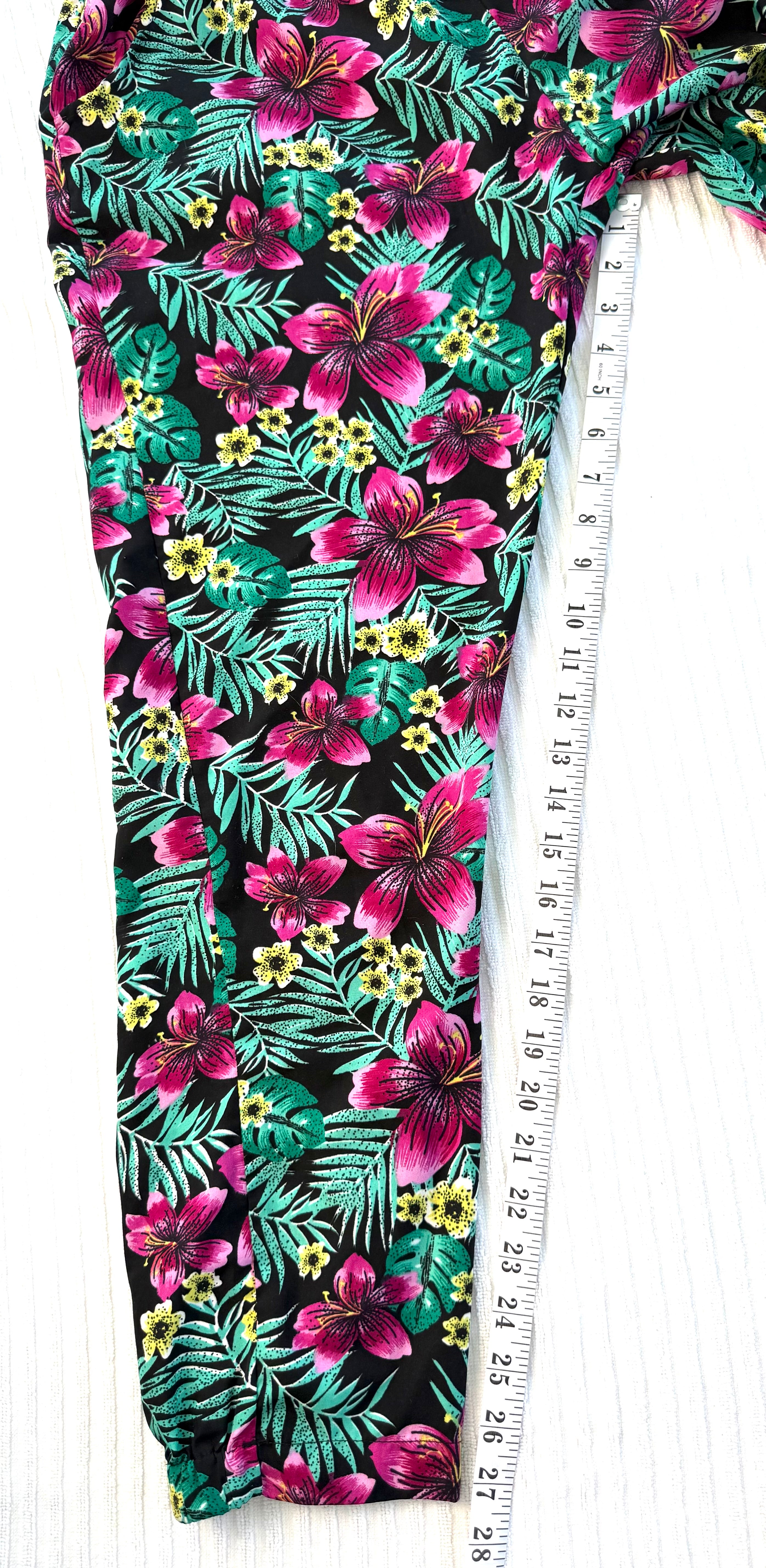 Artisan Handmade Tropical Floral Print Loose-Leg Pants — Hibiscus & Palm | Size M / 8-10 at Blue Sparrow Shop  measuring 27" inseam 