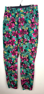 Artisan Handmade Tropical Floral Print Loose-Leg Pants — Hibiscus & Palm | Size M / 8-10 at Blue Sparrow Shop  on hanger