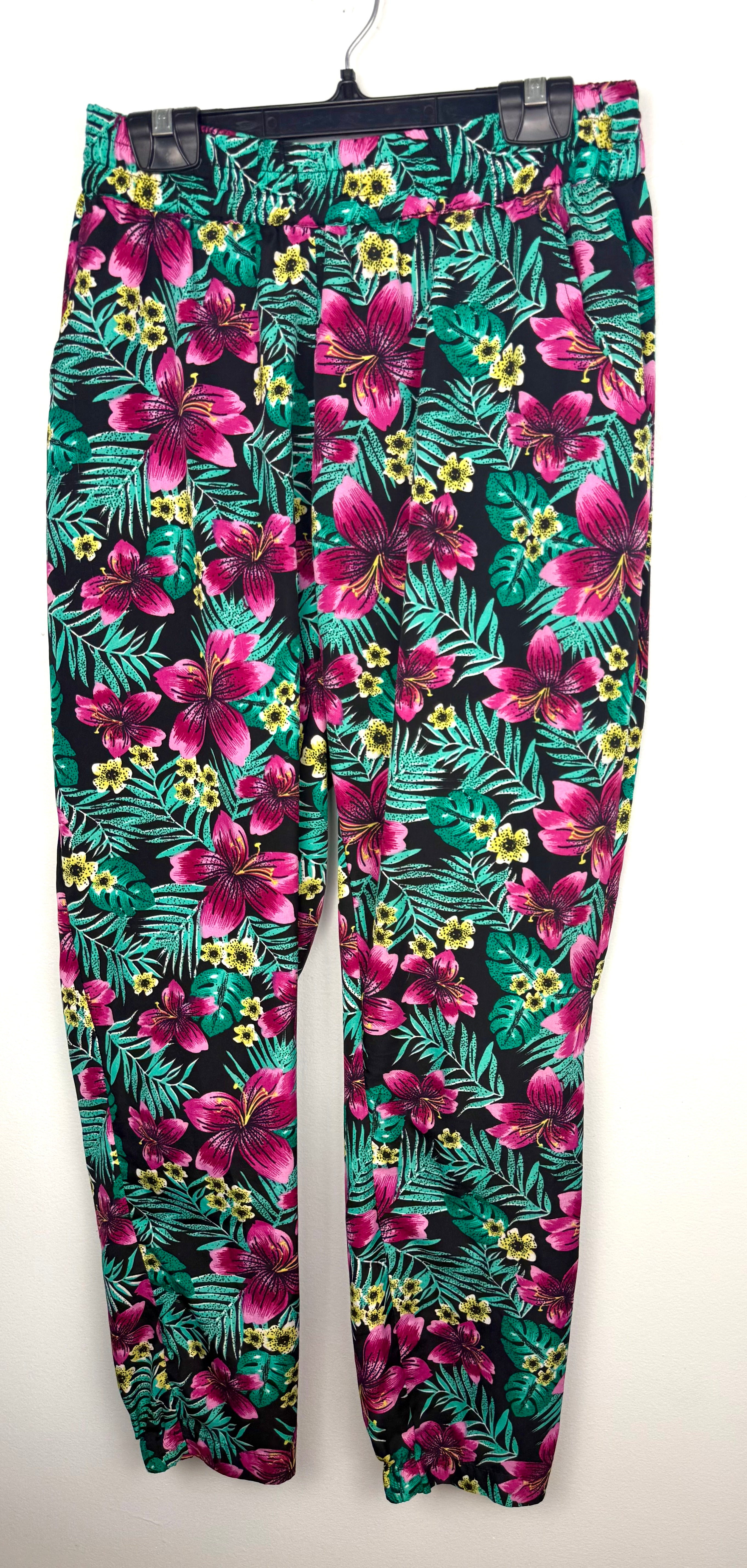 Artisan Handmade Tropical Floral Print Loose-Leg Pants — Hibiscus & Palm | Size M / 8-10 at Blue Sparrow Shop  on hanger