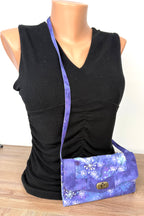 Artisan Quilted Batik Crossbody Wallet Bag at Blue Sparrow Shop on mannequin to show scale 
