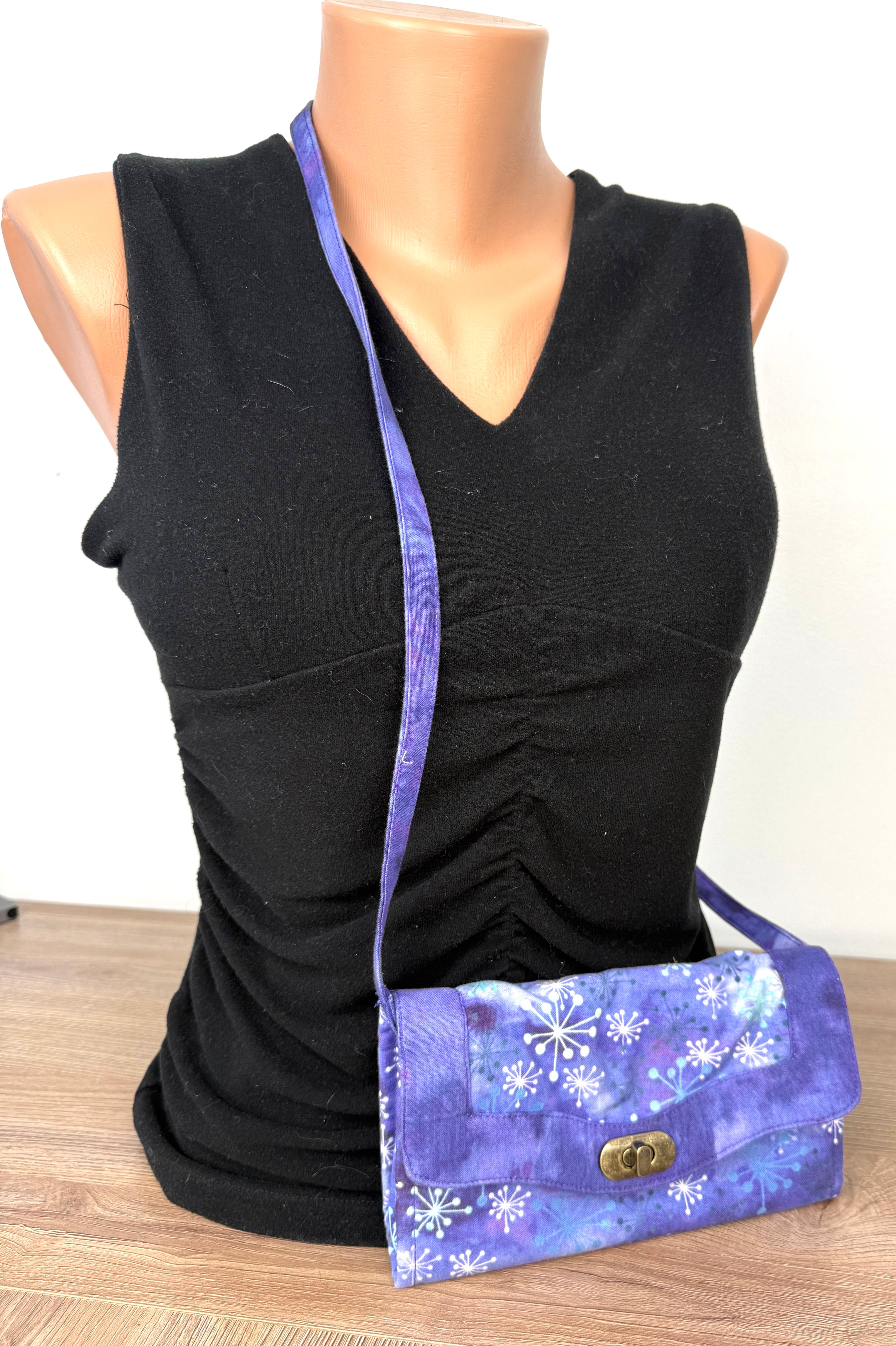 Artisan Quilted Batik Crossbody Wallet Bag at Blue Sparrow Shop on mannequin to show scale 
