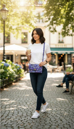 Artisan Quilted Batik Crossbody Wallet Bag at Blue Sparrow Shop on woman walking outdoors