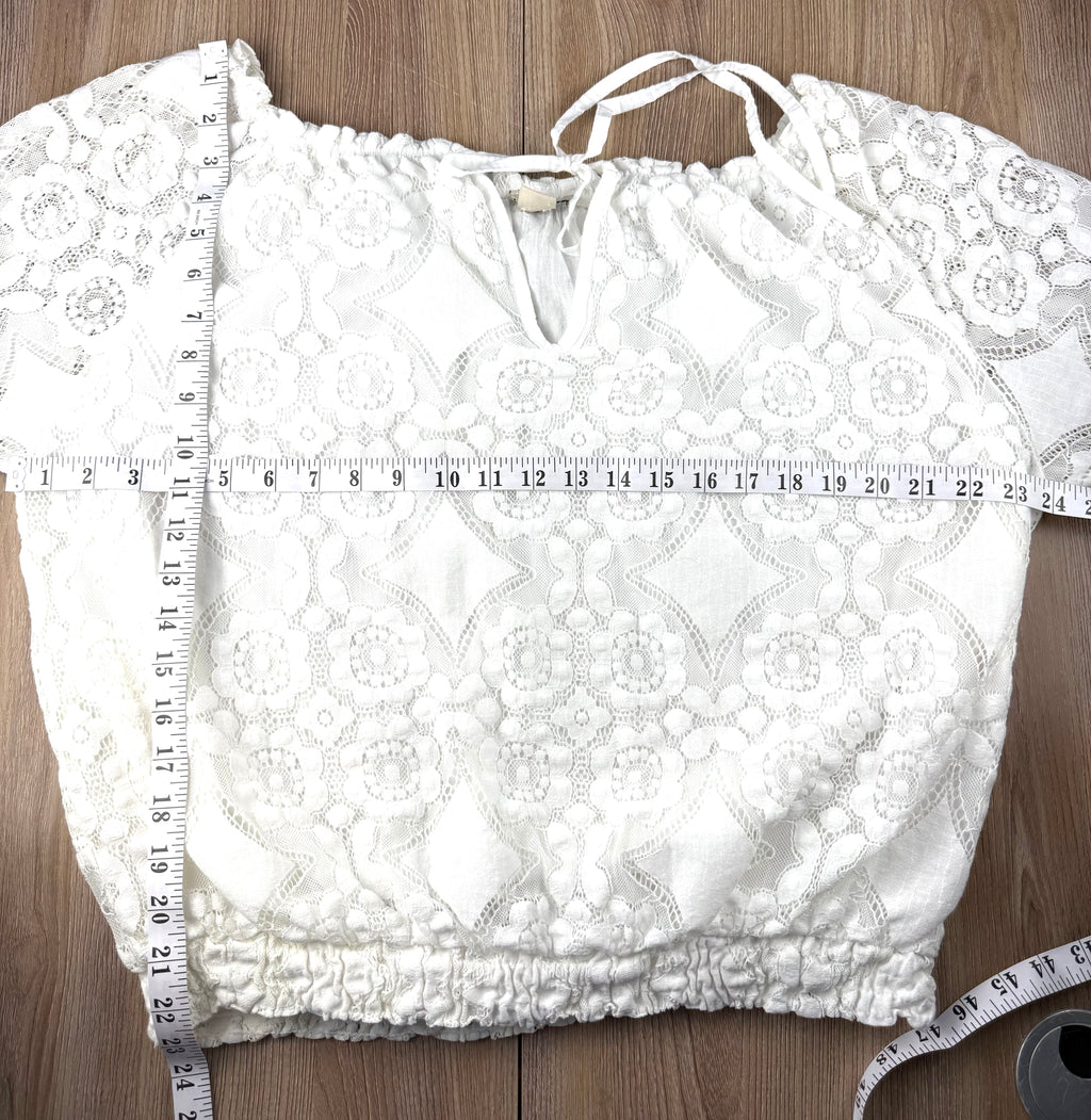 Astrid Italian Lace Boho Cottagecore Blouse measuring 46" bust and 23" shoulder to hem 