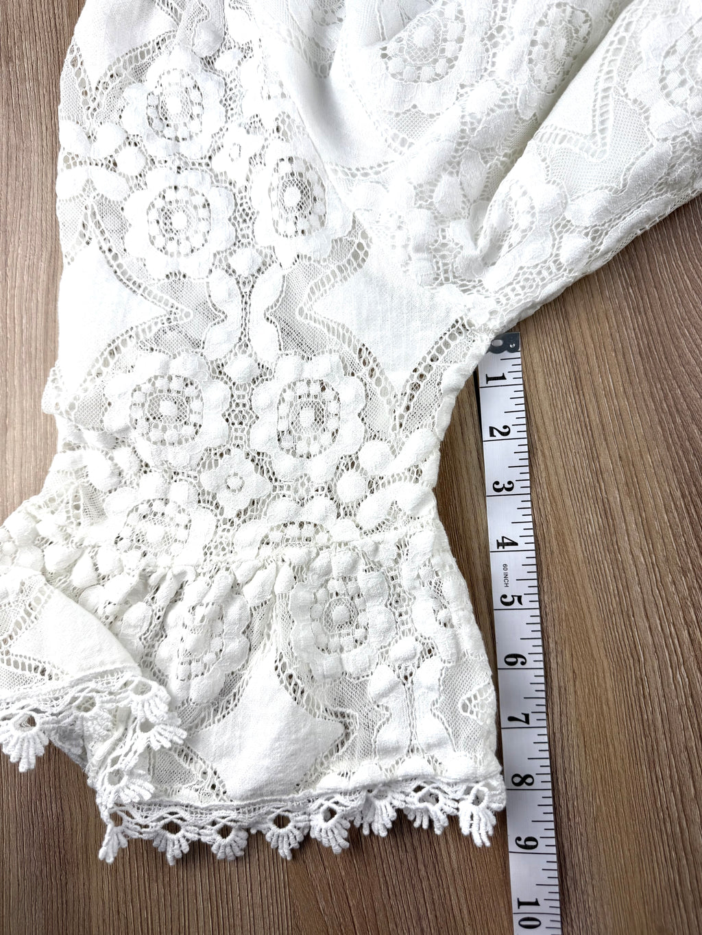 Astrid Italian Lace Boho Cottagecore Blouse measuring 9" sleeve