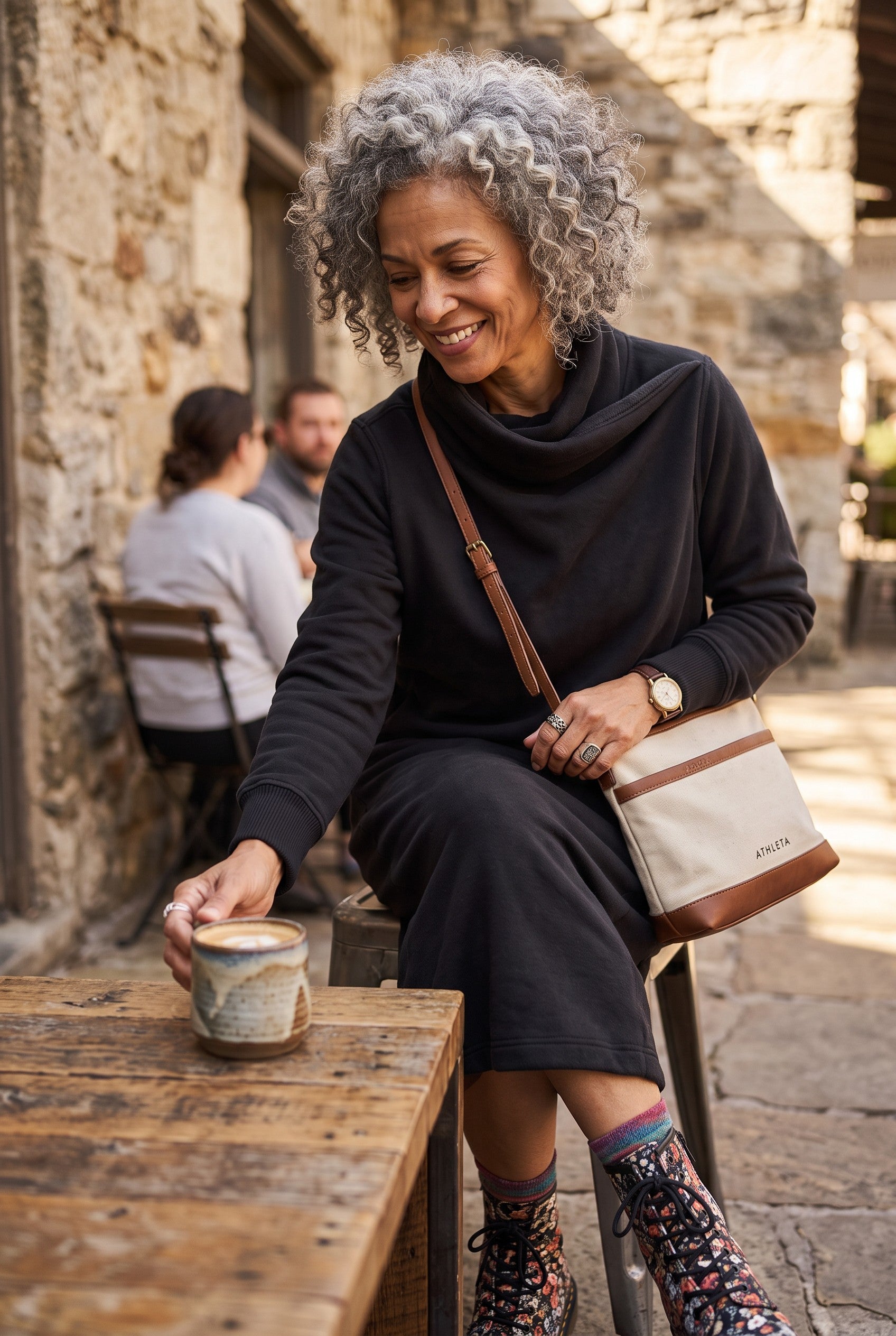 Athleta Alpine Dress size Large at Blue Sparrow Resale sHop on woman with grey curly hair drinking coffee outside
