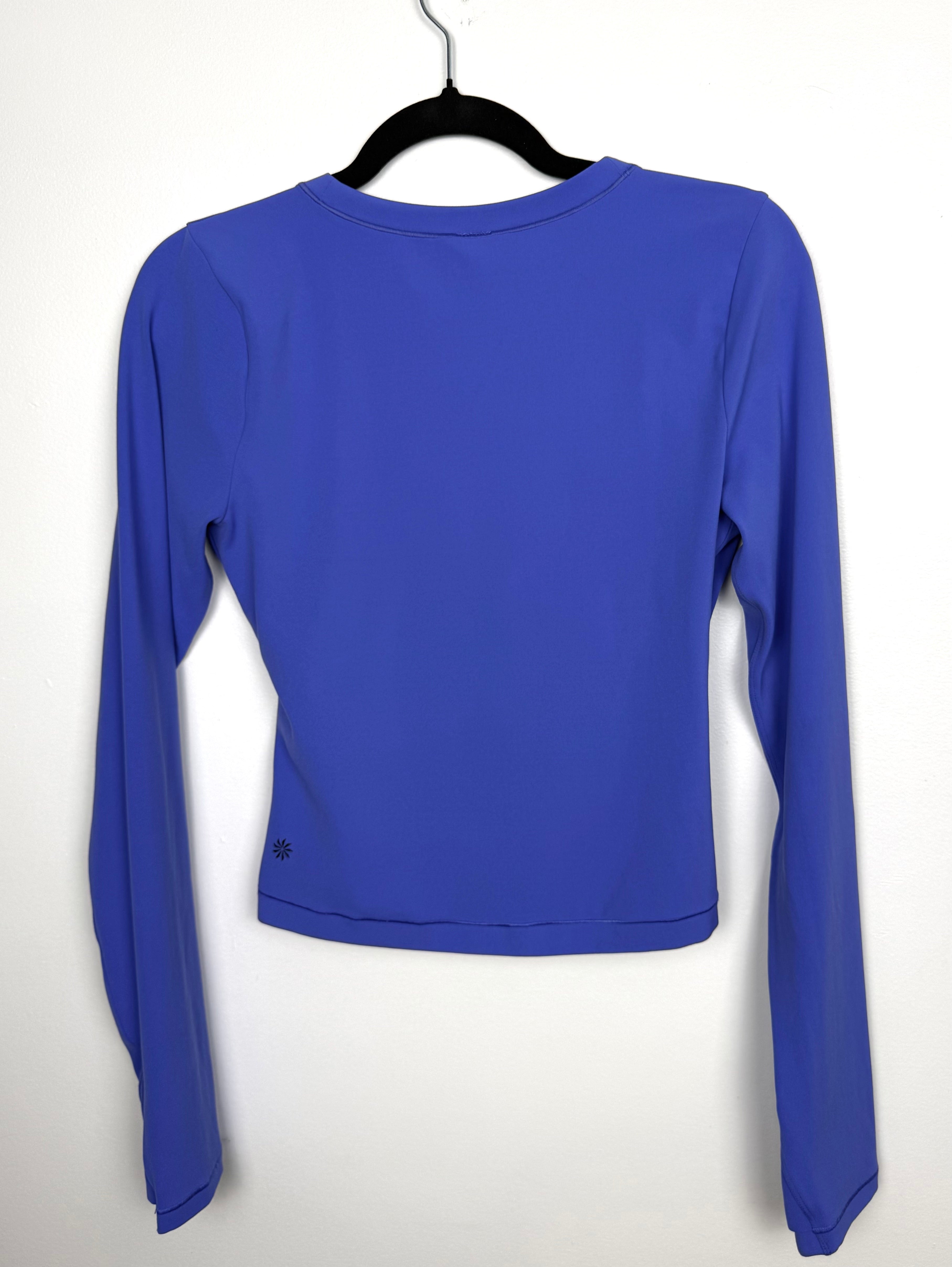 Athleta athletic blue long sleeve cropped shirt back view
