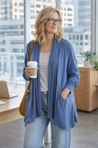 Athleta Pranayama Wrap Cardigan | Size L at Blue Sparrow Shop on woman drinking coffee