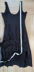 Athleta sleeveless dress showing measurement of 34" of inside liner on Athleta black dress 