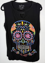 ¡Ay Güey! black sleeveless sugar skull embroidered tank top, Día de los Muertos multicolour embroidery at Blue Sparrow Shop on hanger