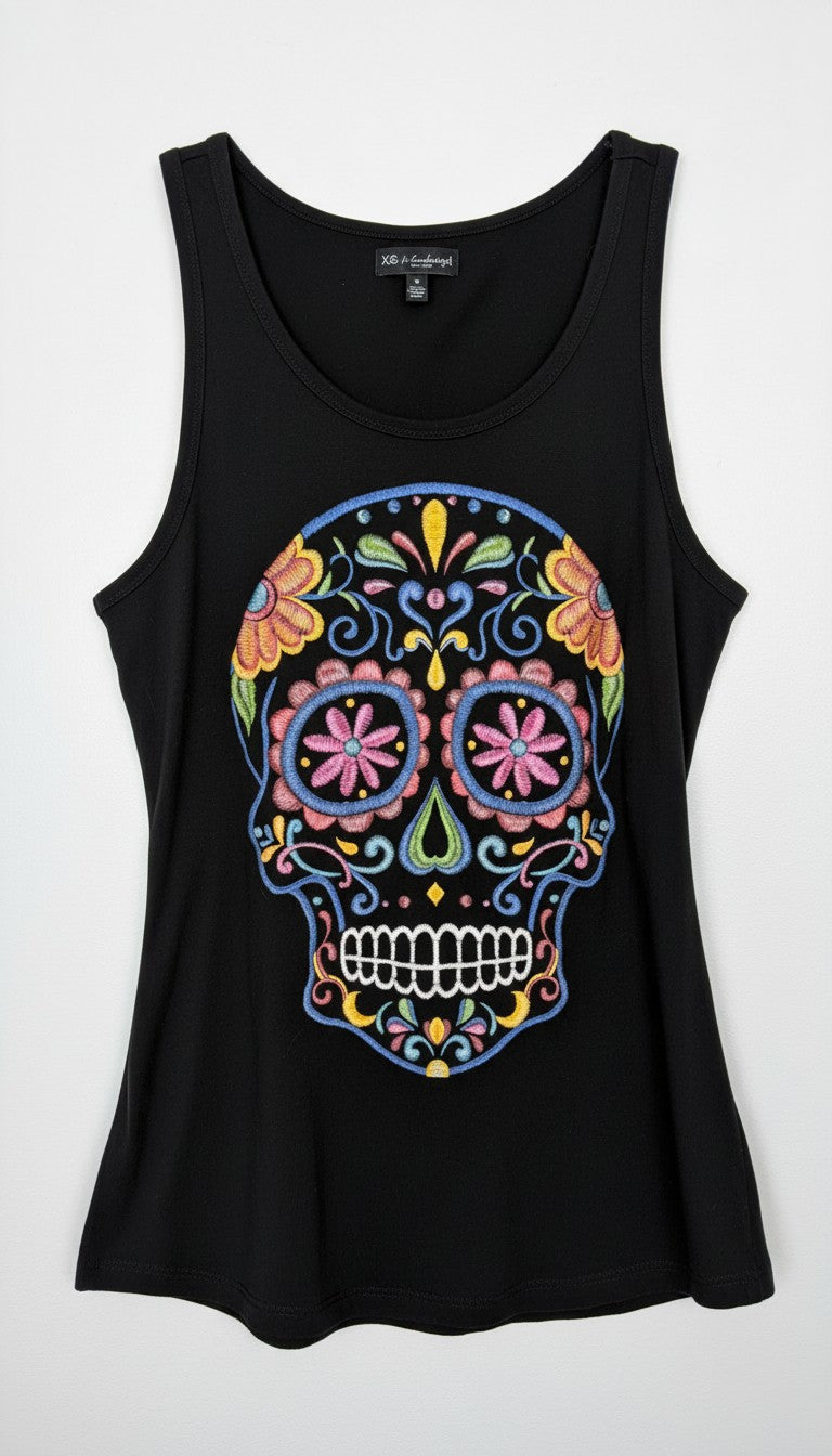 ¡Ay Güey! black sleeveless sugar skull embroidered tank top, Día de los Muertos multicolour embroidery at Blue Sparrow Shop 