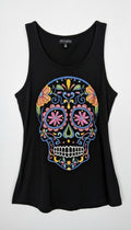 ¡Ay Güey! black sleeveless sugar skull embroidered tank top, Día de los Muertos multicolour embroidery at Blue Sparrow Shop 