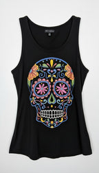 ¡Ay Güey! black sleeveless sugar skull embroidered tank top, Día de los Muertos multicolour embroidery at Blue Sparrow Shop 