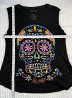 ¡Ay Güey! black sleeveless sugar skull embroidered tank top, Día de los Muertos multicolour embroidery at Blue Sparrow Shop measuring 38" bust and 26" shoulder to hem 