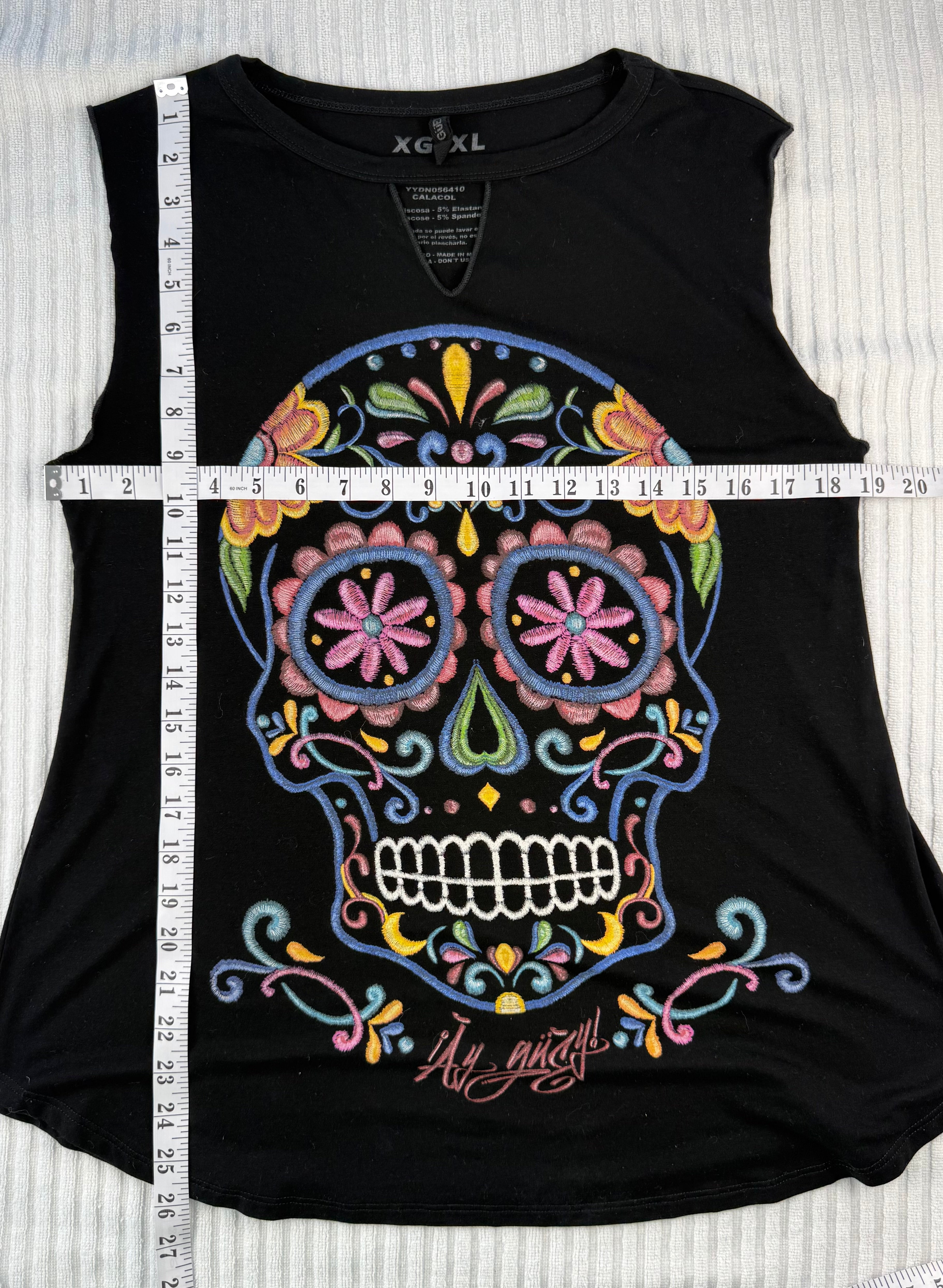 ¡Ay Güey! black sleeveless sugar skull embroidered tank top, Día de los Muertos multicolour embroidery at Blue Sparrow Shop measuring 38" bust and 26" shoulder to hem 