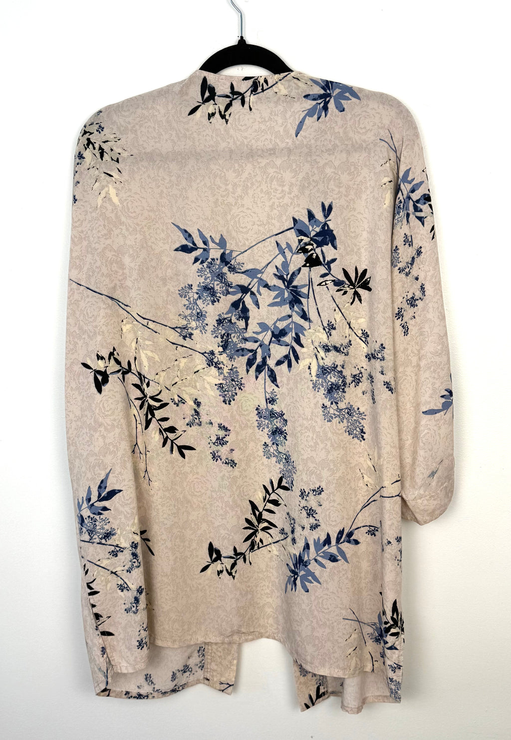 back of Cleo floral duster cardigan beige blue botanical print women lightweight open front layering piece