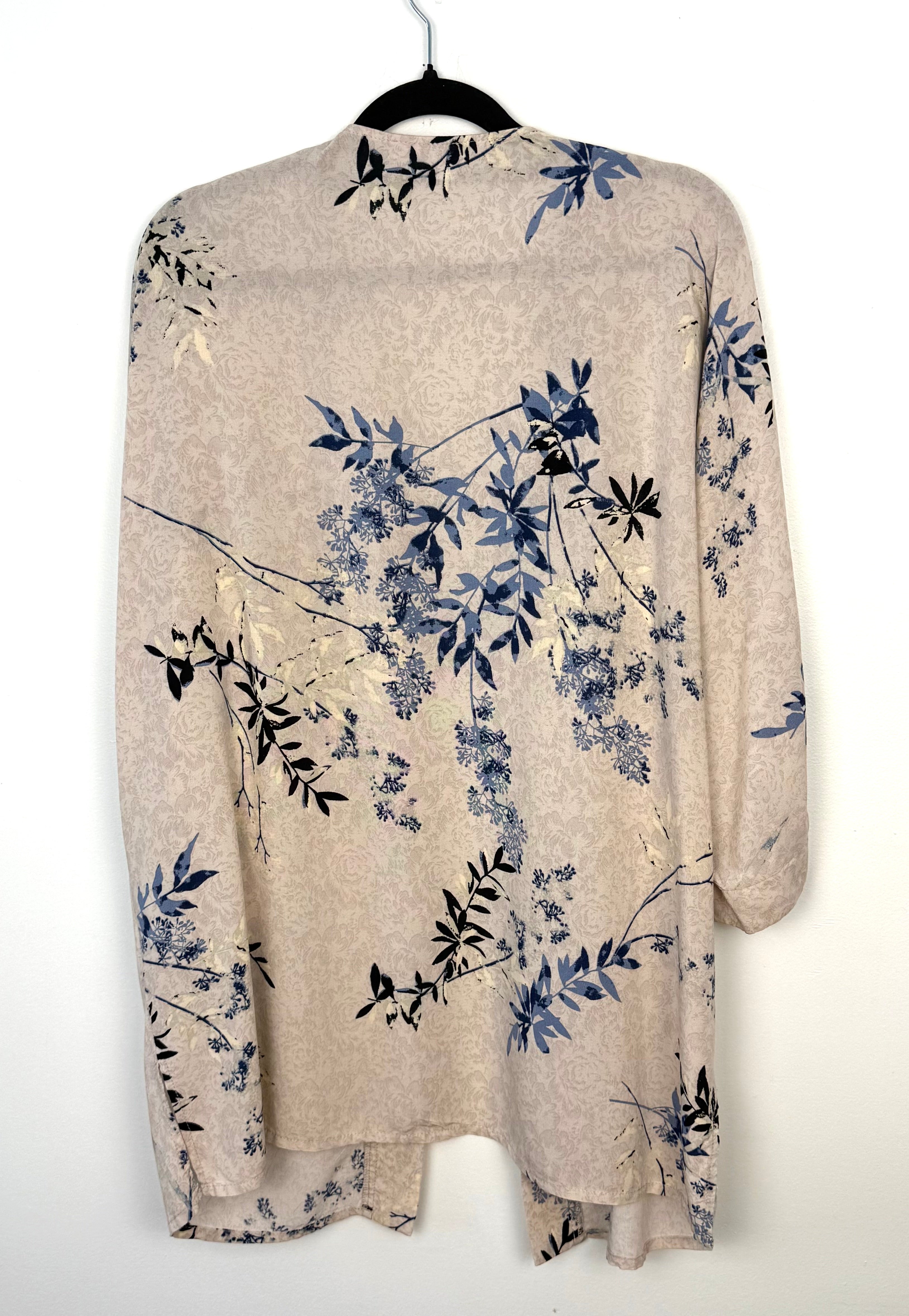 back of Cleo floral duster cardigan beige blue botanical print women lightweight open front layering piece