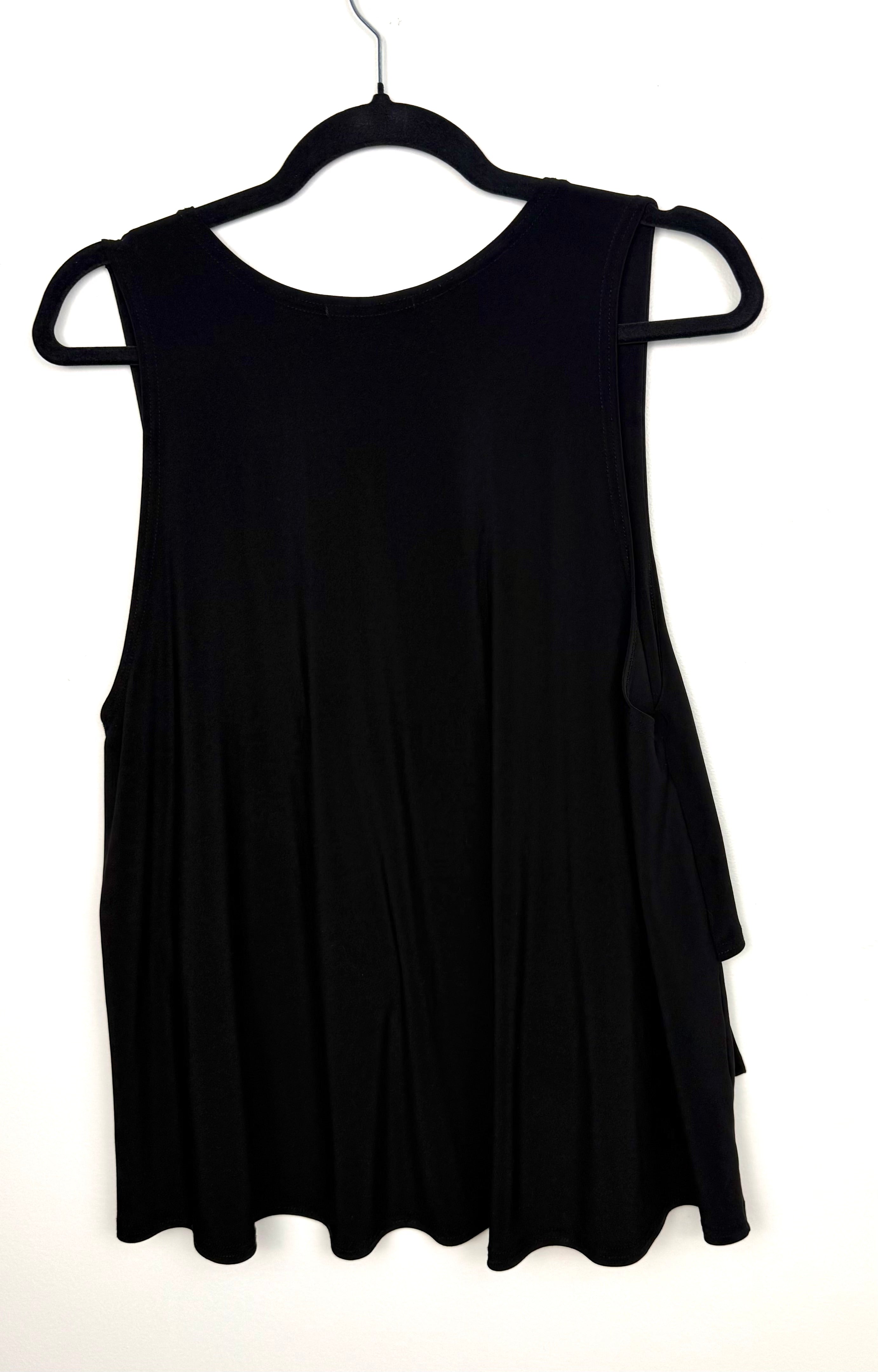 Back view Sympli black sleeveless tunic with inside pocket and stretch fabric