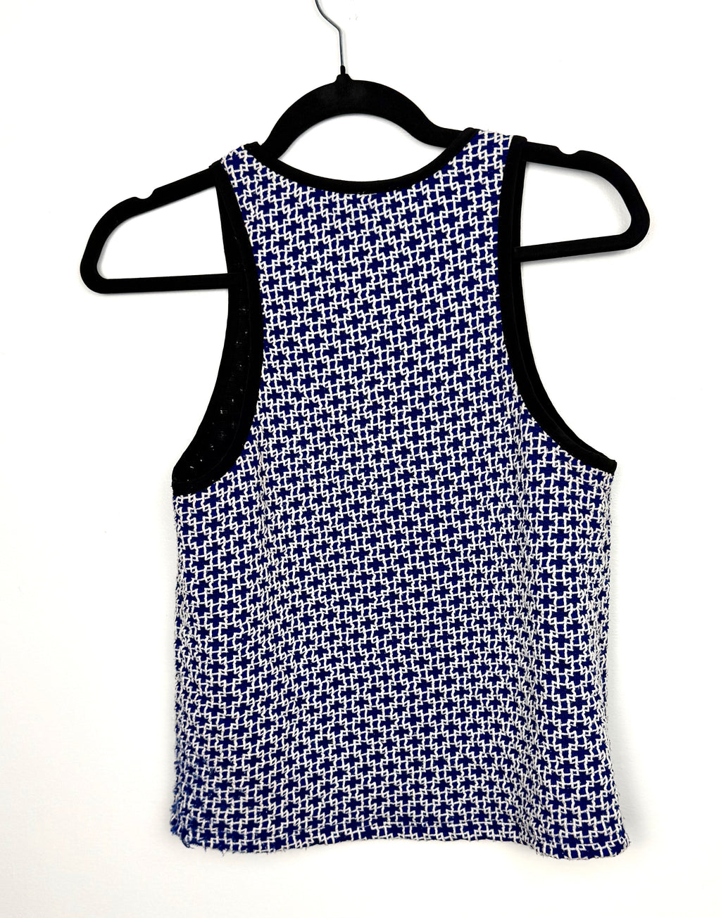 Back view Zara blue white and black sleeveless knit top on hanger