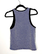 Back view Zara blue white and black sleeveless knit top on hanger
