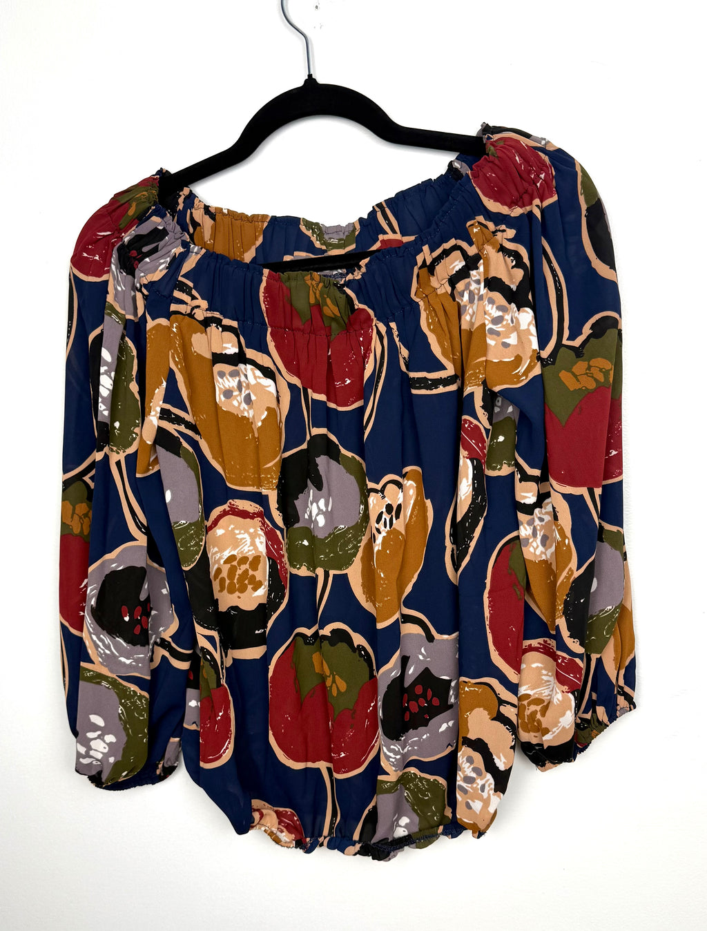 Back view blue multicolor floral peasant top