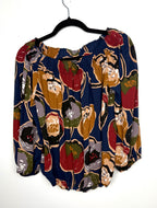Back view blue multicolor floral peasant top