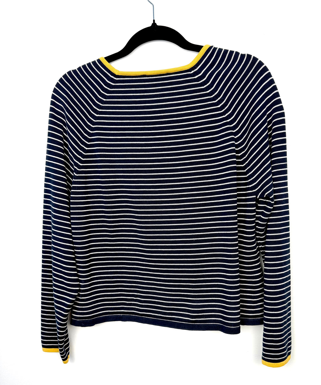 Back view navy Breton stripe sweater women long sleeve.