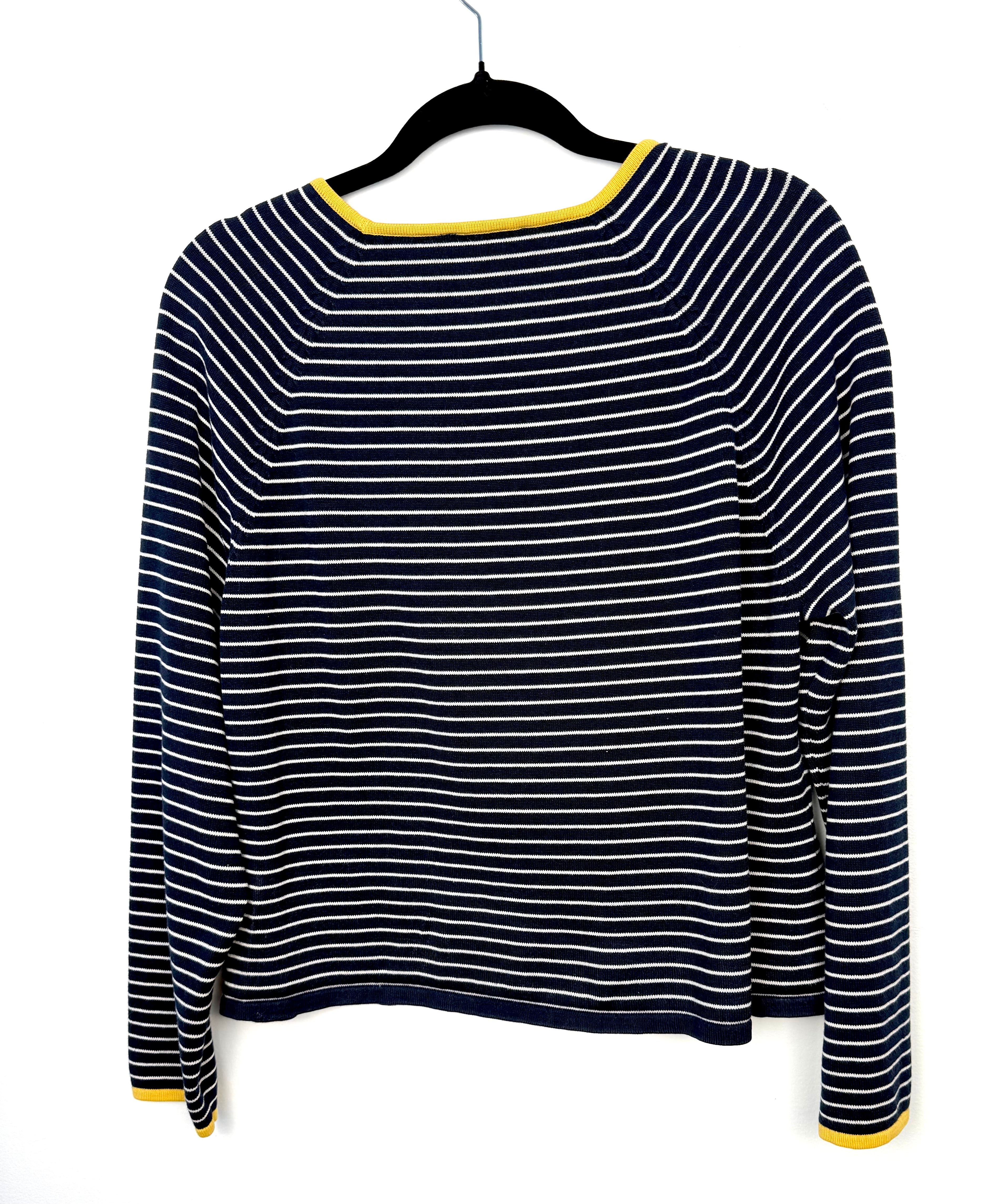 Back view navy Breton stripe sweater women long sleeve.