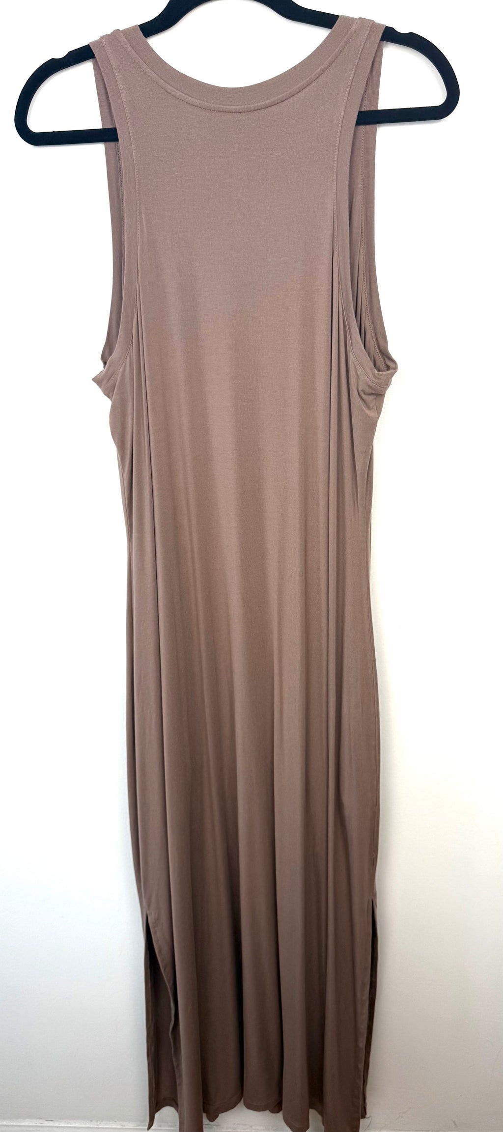 Back view of Athleta sleeveless maxi dress in taupe brown with relaxed fit and full-length drape.