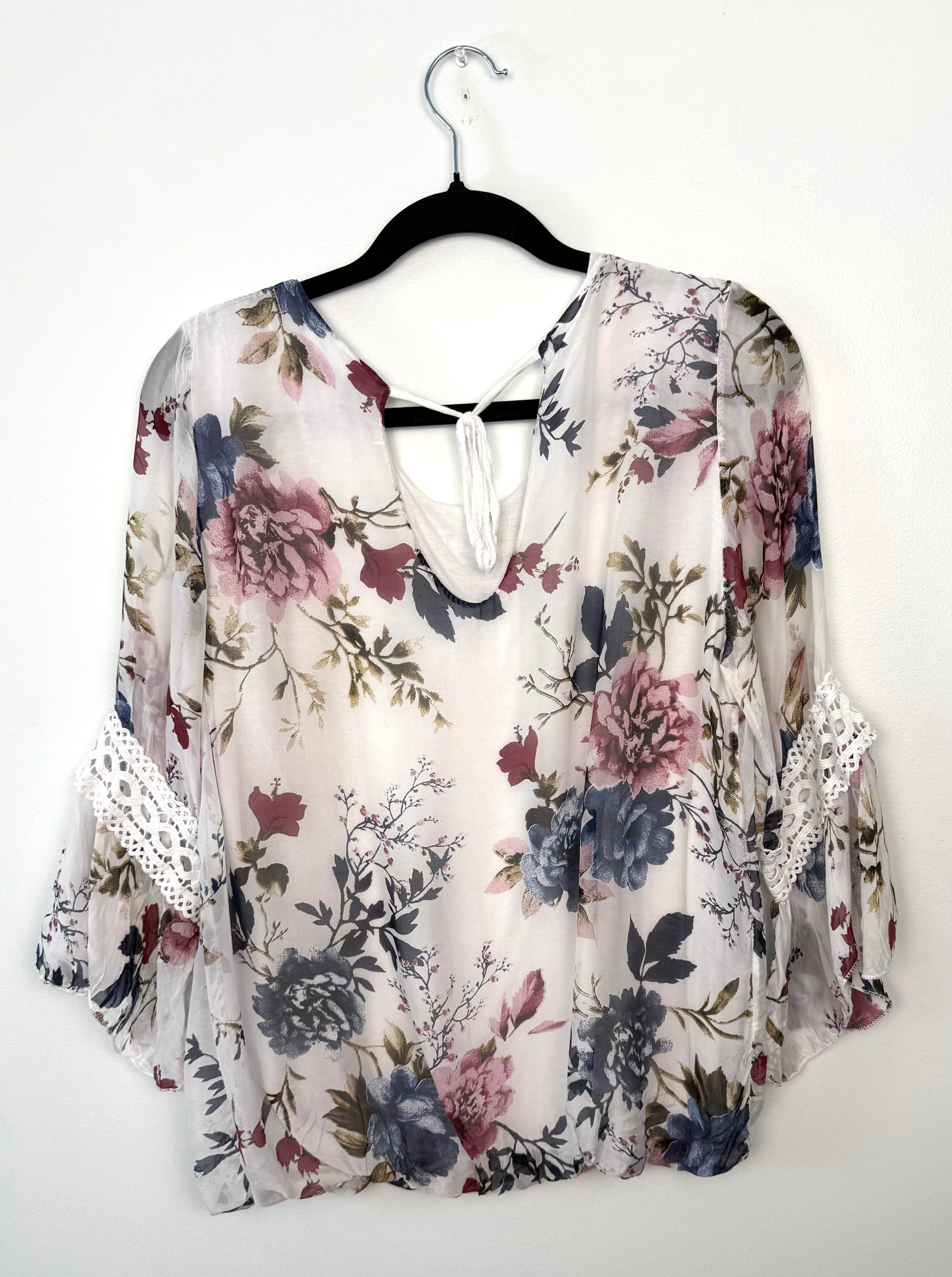 Back view of Bella Amore floral blouse, lightweight sheer boho top with flowy sleeves and soft romantic cottagecore aesthetic