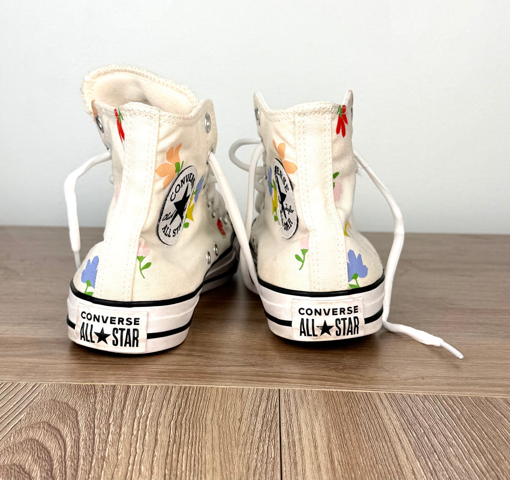 Back view of Converse Chuck Taylor All Star high top sneakers with logo heel branding.