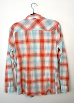 Back view of Eddie Bauer coral and aqua plaid shirt, women’s XL classic fit, lightweight cotton blend with curved hem.
