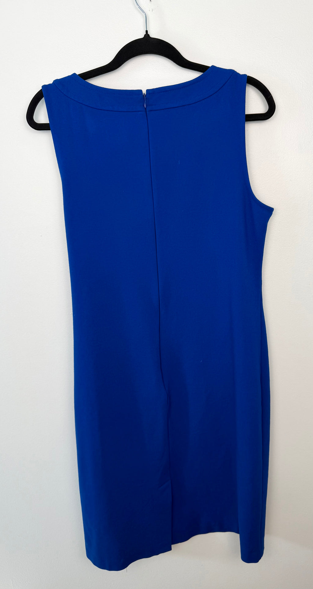 Back view of Talbots cobalt blue knee-length dress featuring hidden zipper closure and clean tailored lines.