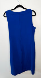 Back view of Talbots cobalt blue knee-length dress featuring hidden zipper closure and clean tailored lines.