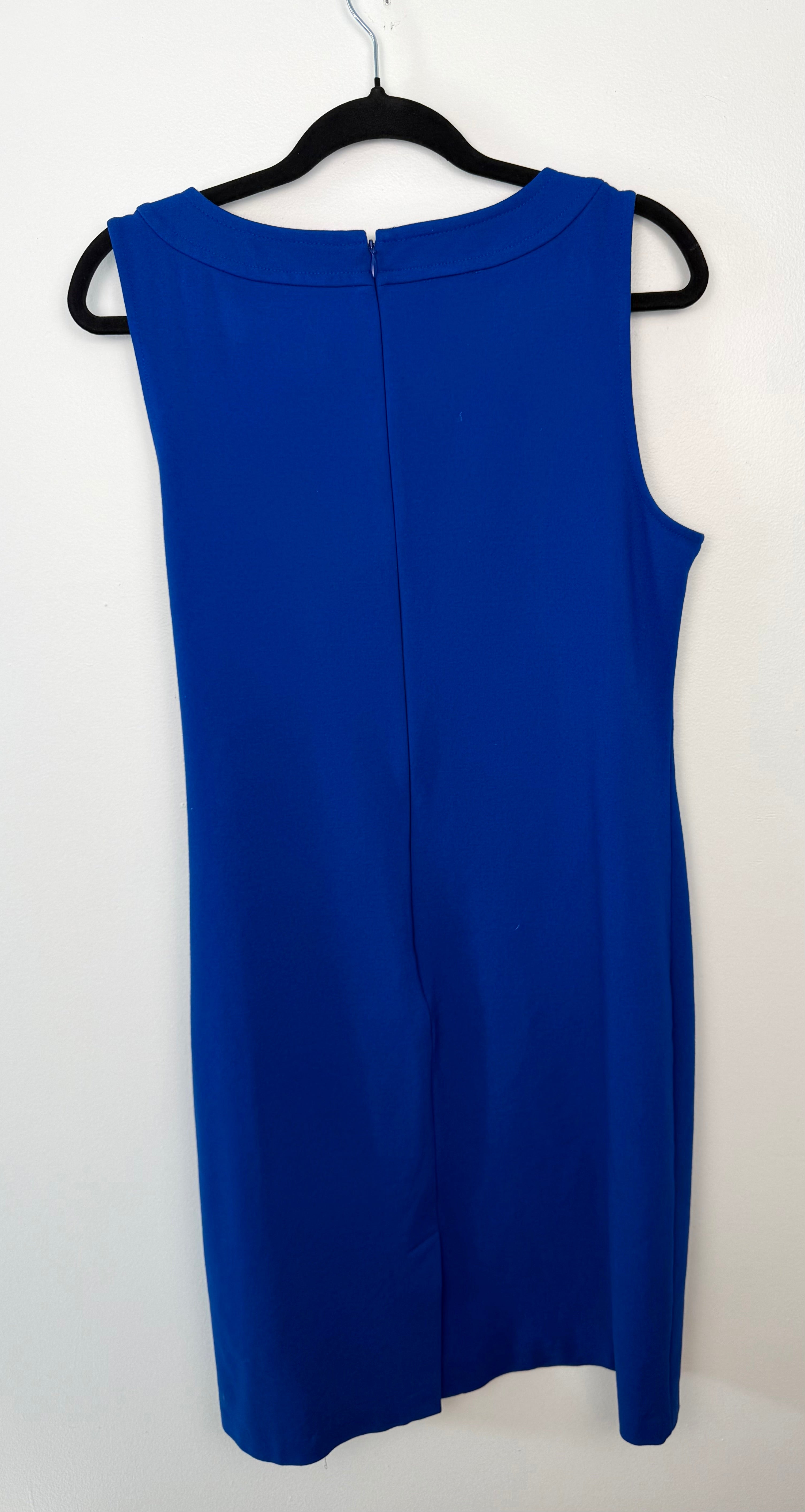 Back view of Talbots cobalt blue knee-length dress featuring hidden zipper closure and clean tailored lines.