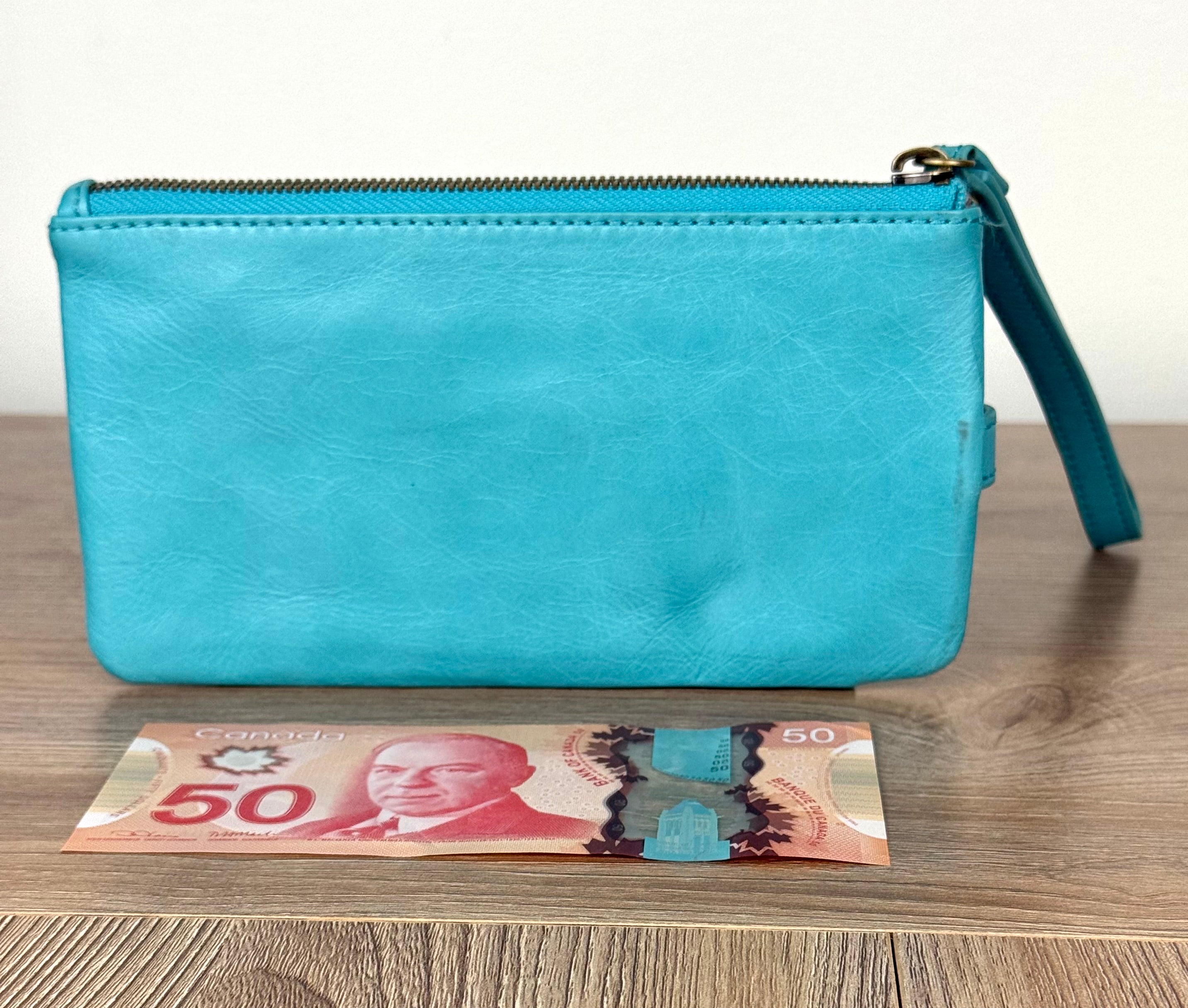 Back of turquoise HOBO leather wristlet clutch with gold zipper and structured silhouette.