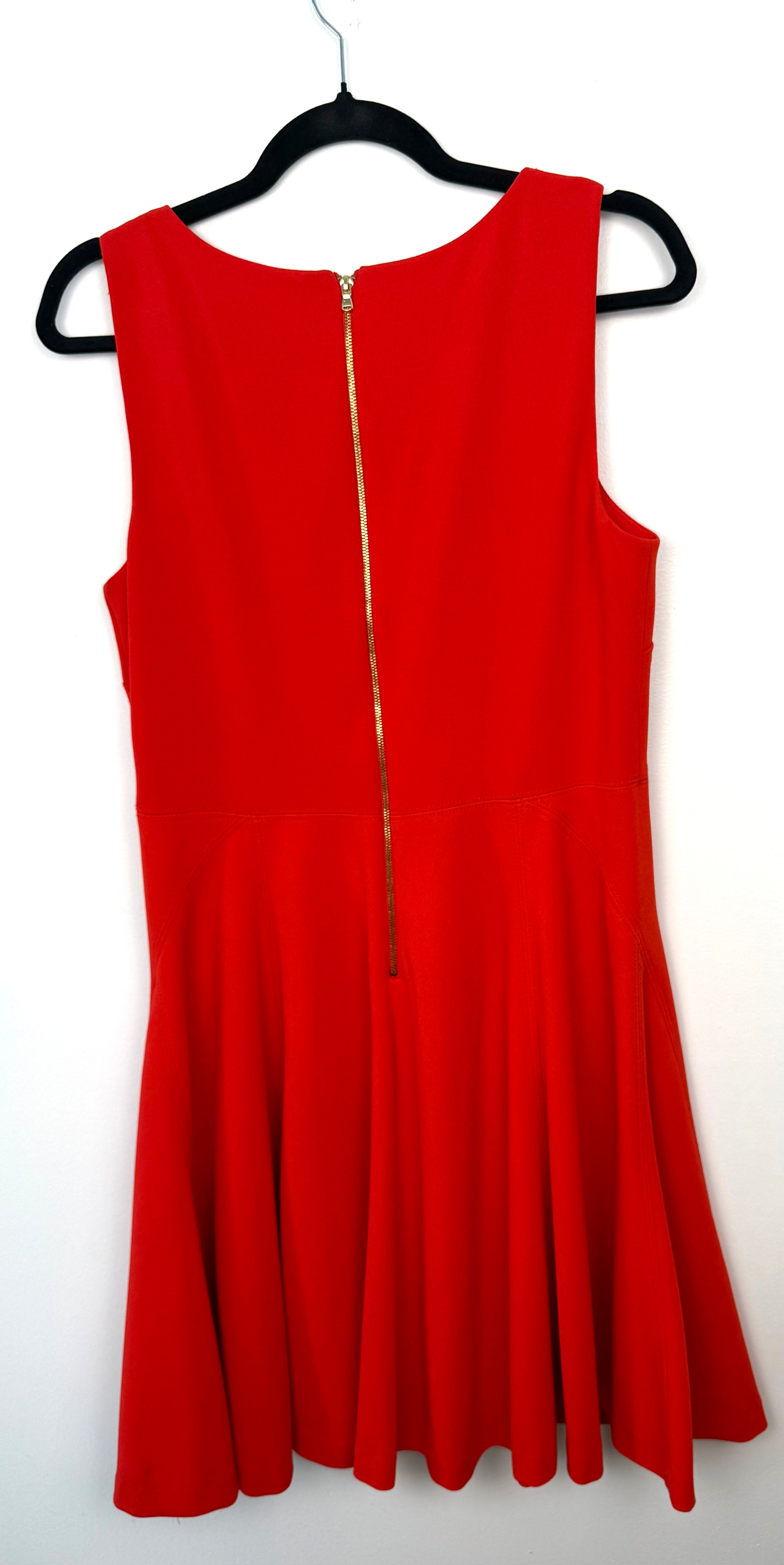 Back view of red Betsey Johnson dress with gold zipper and flared skirt.
