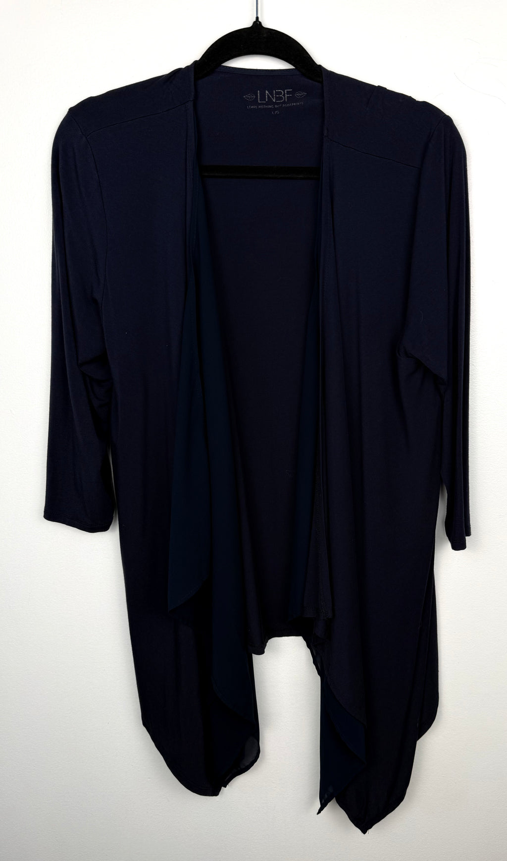 front of Bamboo LNBF Navy Open Front Cardigan Jacket | Size L on hanger