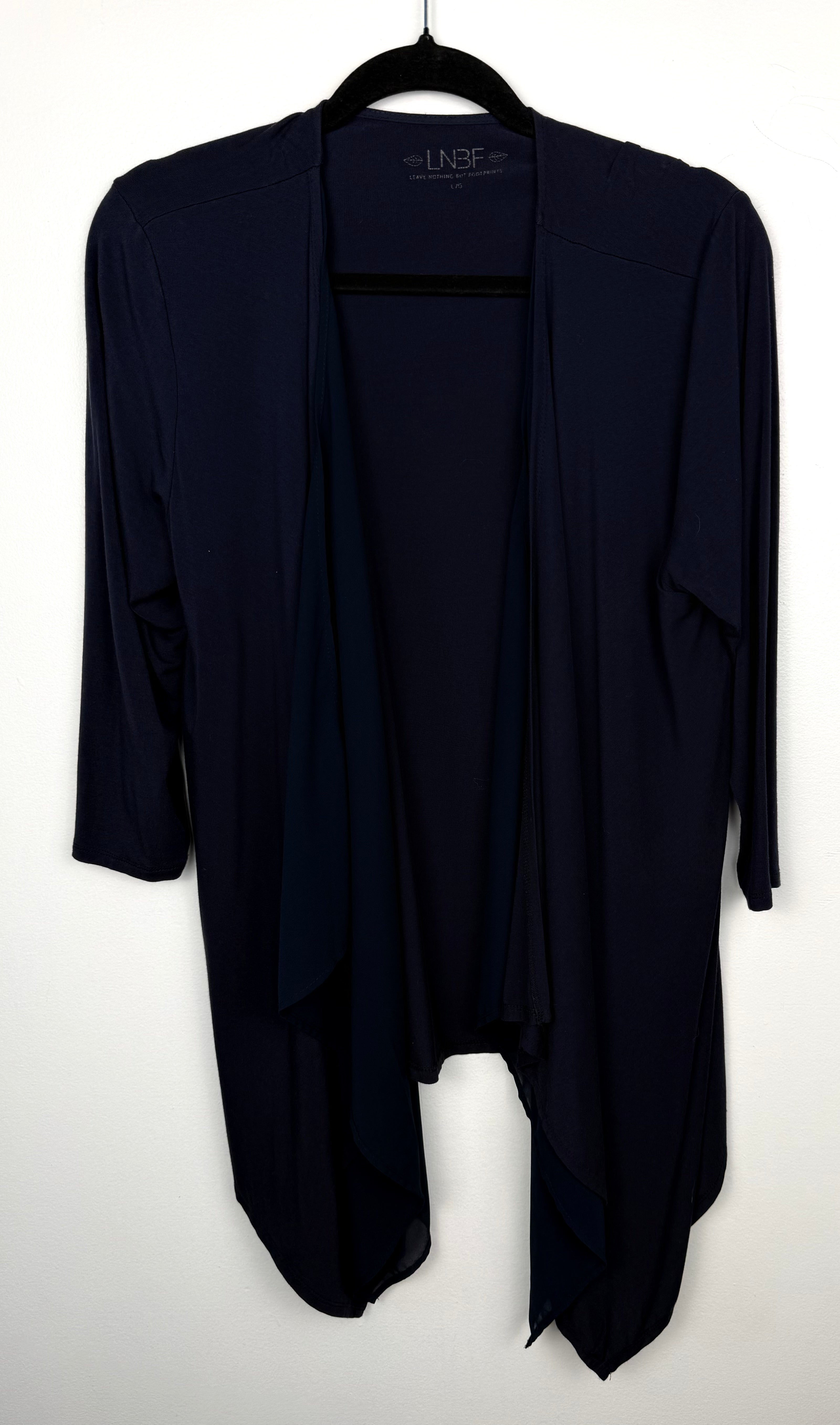 front of Bamboo LNBF Navy Open Front Cardigan Jacket | Size L on hanger
