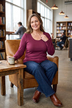 Bamboo Long Sleeved Layering Top by C'est Moi one size plus fits 16-22 on woman sitting in cafe 