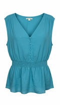 Banana Republic 100% Linen Smocked Waist V-Neck Blouse Aqua Coloured | Size L at Blue Sparrow Shop Canadian Resale Reimagined 