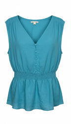 Banana Republic 100% Linen Smocked Waist V-Neck Blouse Aqua Coloured | Size L at Blue Sparrow Shop Canadian Resale Reimagined 