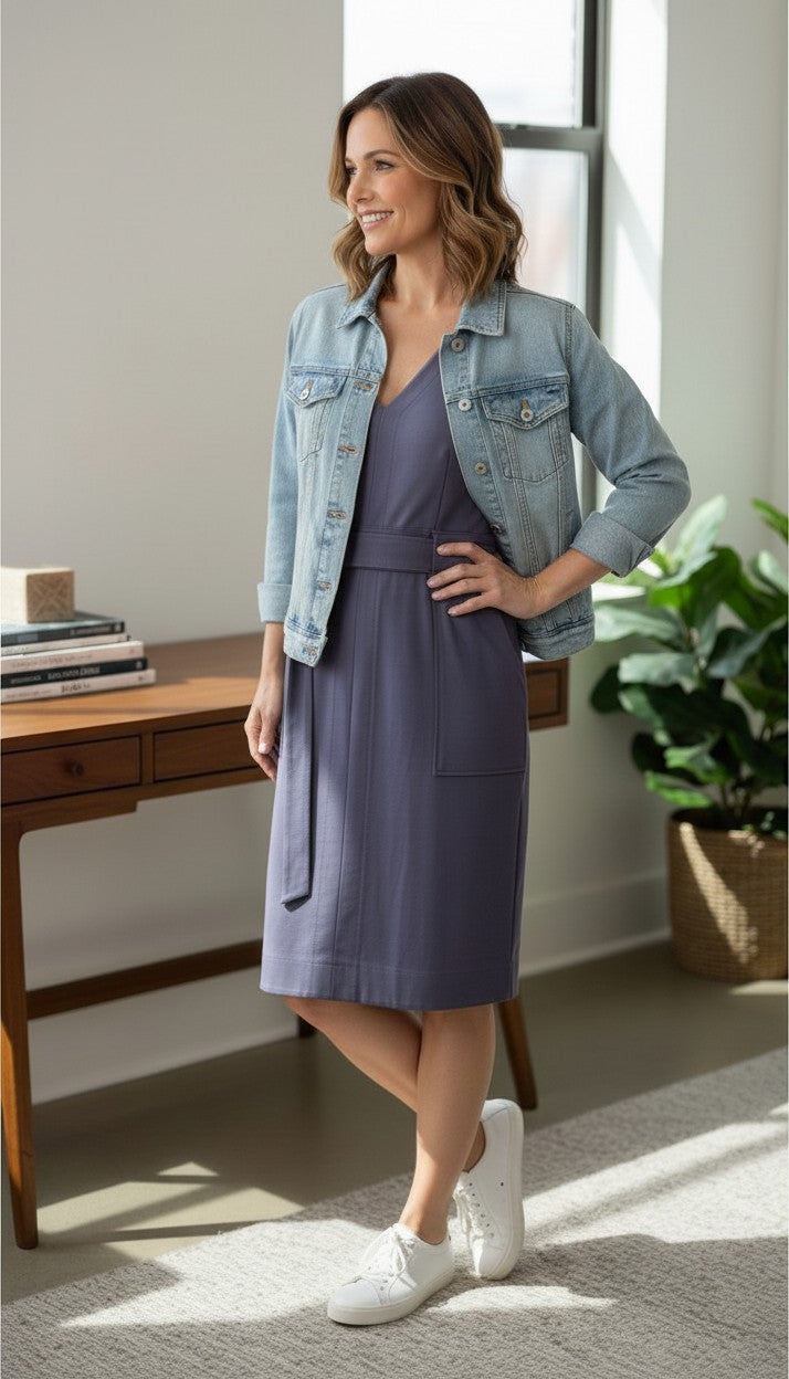 Banana Republic Belted Dress | Size 8 at Blue Sparrow Shop on woman wearing denim jacket 