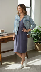 Banana Republic Belted Dress | Size 8 at Blue Sparrow Shop on woman wearing denim jacket 