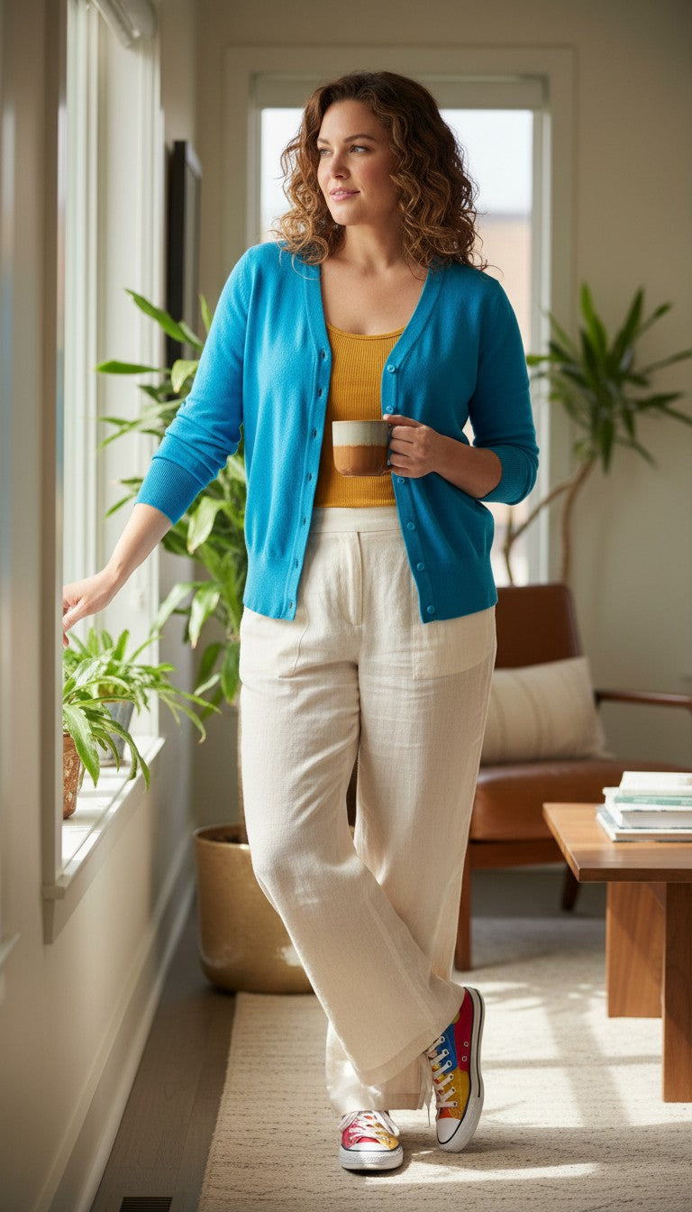 Banana Republic Fitted Cardigan | Size L  at Blue Sparrow Shop on woman drinking coffee