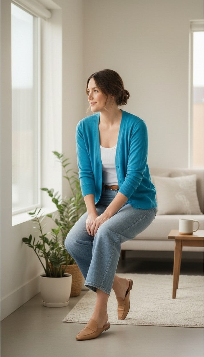 Banana Republic Fitted Cardigan | Size L  at Blue Sparrow Shop on woman sitting on edge of couch 