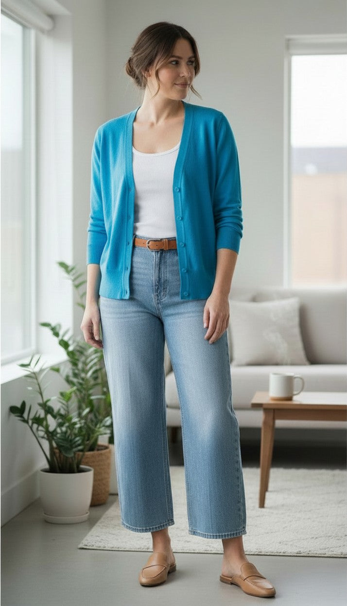 Banana Republic Fitted Cardigan | Size L  at Blue Sparrow Shop on woman standing in living room
